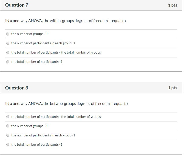 Solved Question 7 1 pts IN a one-way ANOVA, the | Chegg.com