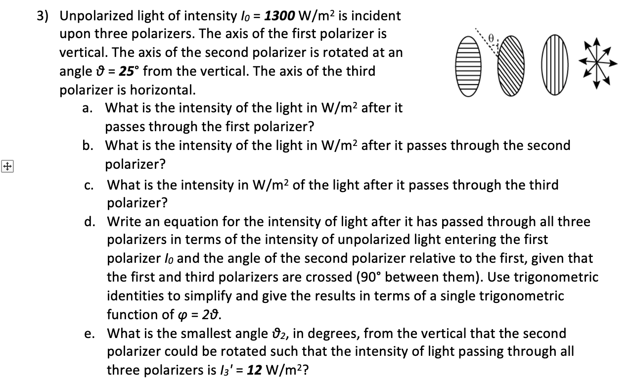 Solved * 3) Unpolarized light of intensity lo = 1300 W/m2 is | Chegg.com