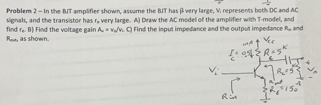 Solved Problem 2 - In the BJT amplifier shown, assume the | Chegg.com