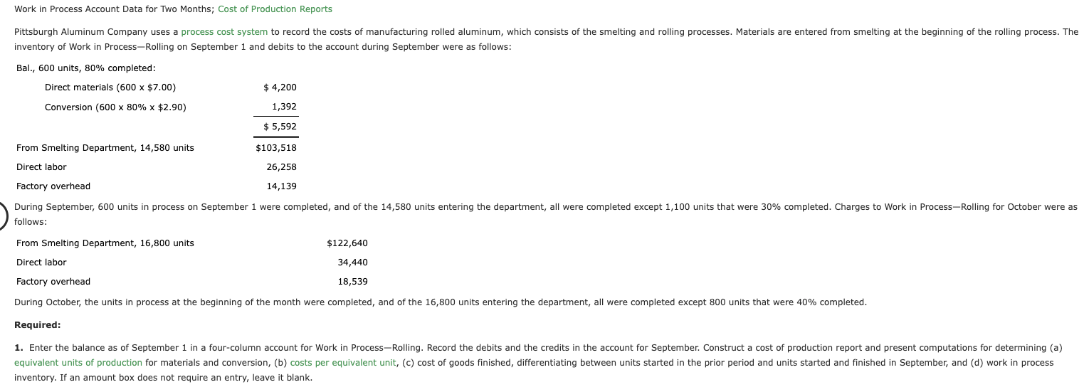 Solved Work in Process Account Data for Two Months; Cost of | Chegg.com