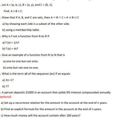 Solved Let A = (a, B, C), B = (x, Y), And C = {0, 1). Find A | Chegg.com