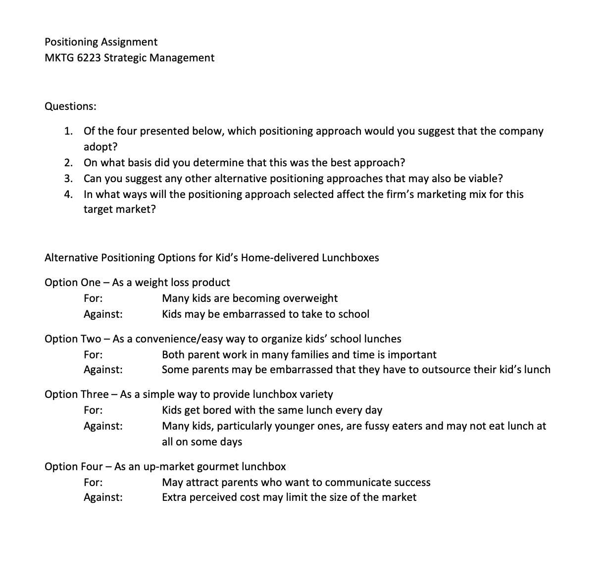Positioning Assignment MKTG 6223 Strategic Management | Chegg.com