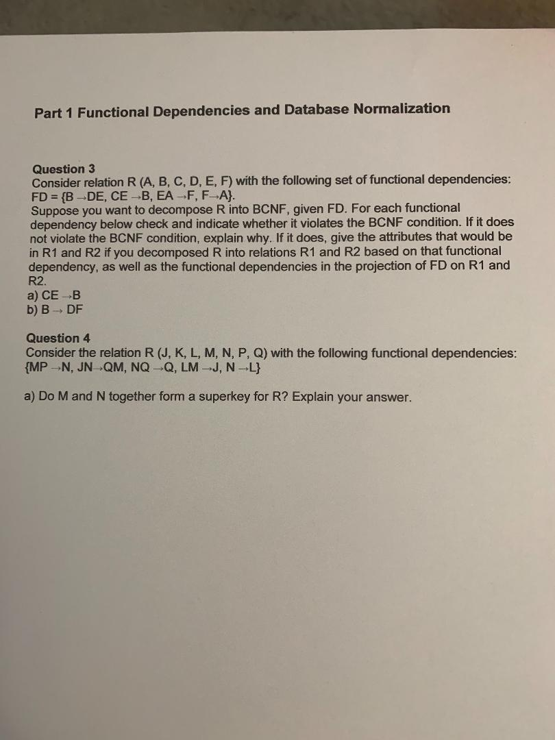 Part 1 Functional Dependencies And Database Normal Chegg Com