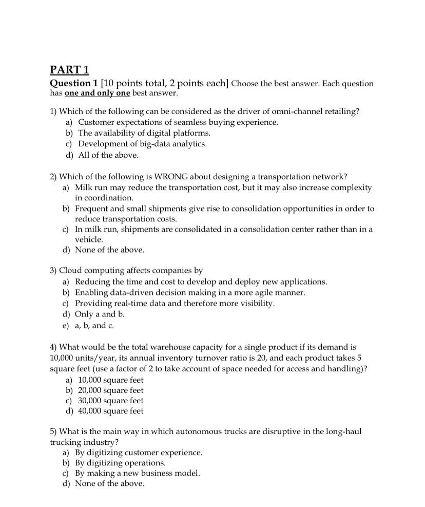 Solved PART 1 Question 1 [10 points total, 2 points each] | Chegg.com