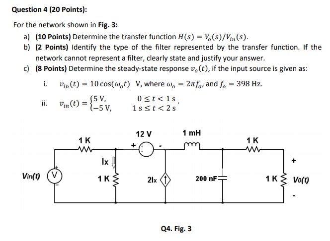 Solved Question 4 (20 Points): For the network shown in Fig. | Chegg.com