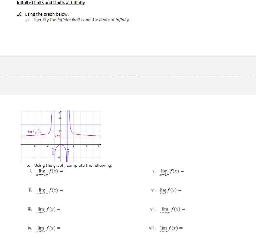 10. Using the graph below,
a. identify the infinite limits and the limits at infinity.
b. Using the graph, complete the follo