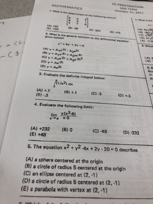 Solved FE PREPARATION MIO TERM October 11,2017 MATHEMATICS | Chegg.com