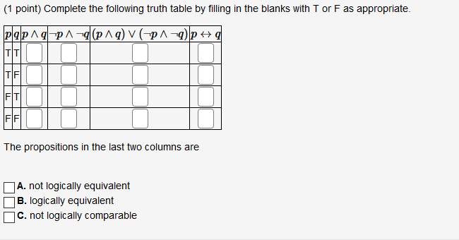 Solved (1 point) Complete the following truth table by | Chegg.com