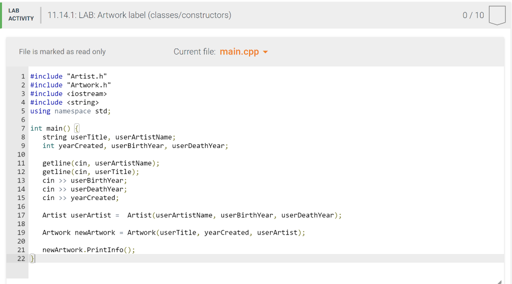11.14 LAB Artwork label (classes/constructors) Given