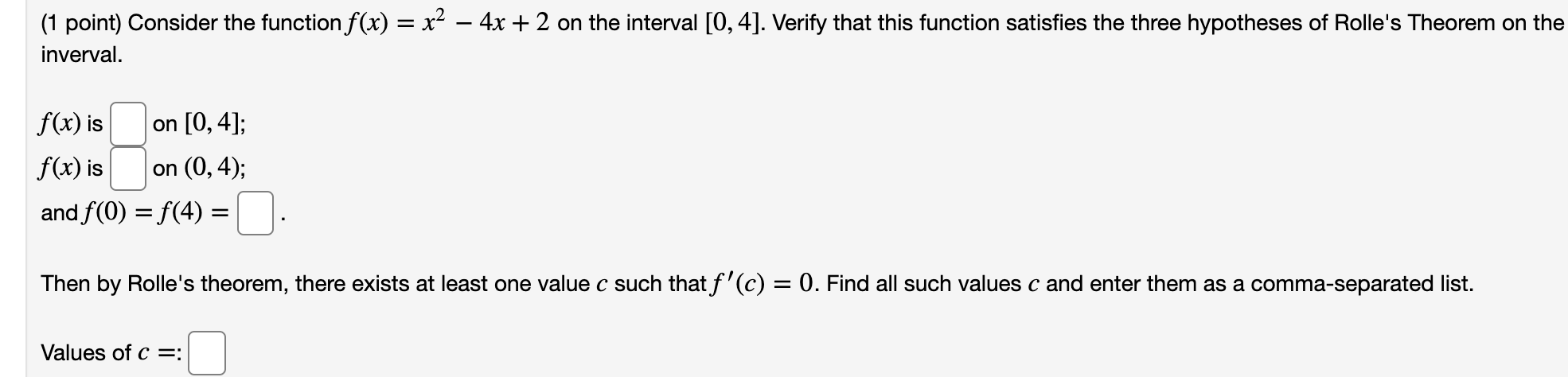Solved (1 point) Consider the function f(x) = 4 – 3x2 on the | Chegg.com