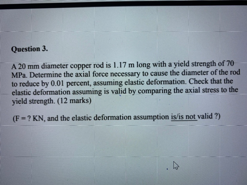 Solved Question 3. A 20 mm diameter copper rod is 1.17 m