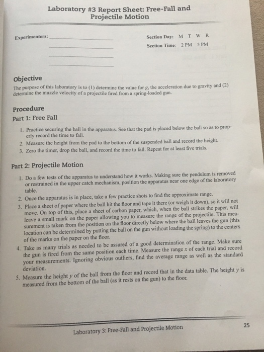 free fall and projectile motion experiment lab report