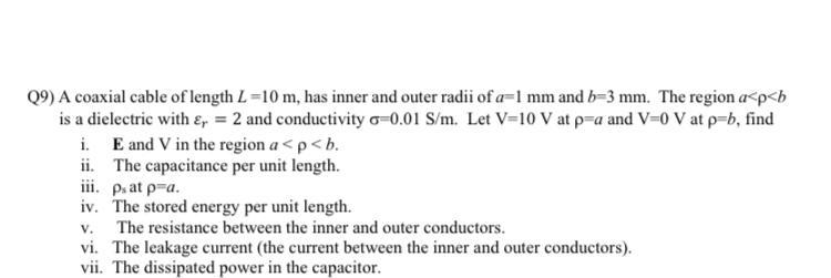 Solved Q9) A coaxial cable of length L=10 m, has inner and | Chegg.com