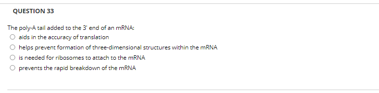 Solved QUESTION 33 The poly-A tail added to the 3' end of an | Chegg.com