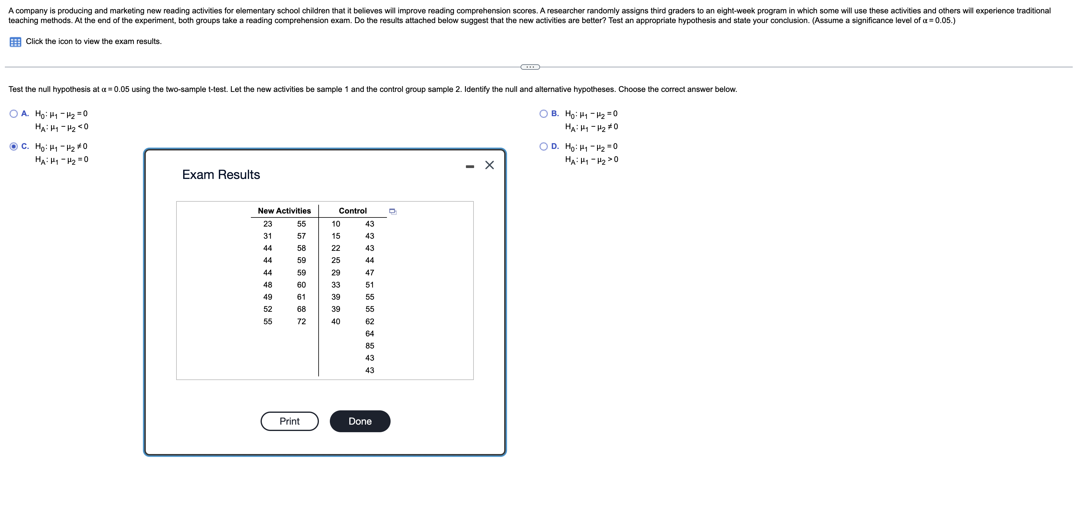 Solved H0:μ1−μ2=0 B. H0:μ1−μ2=0 HA:μ1−μ2