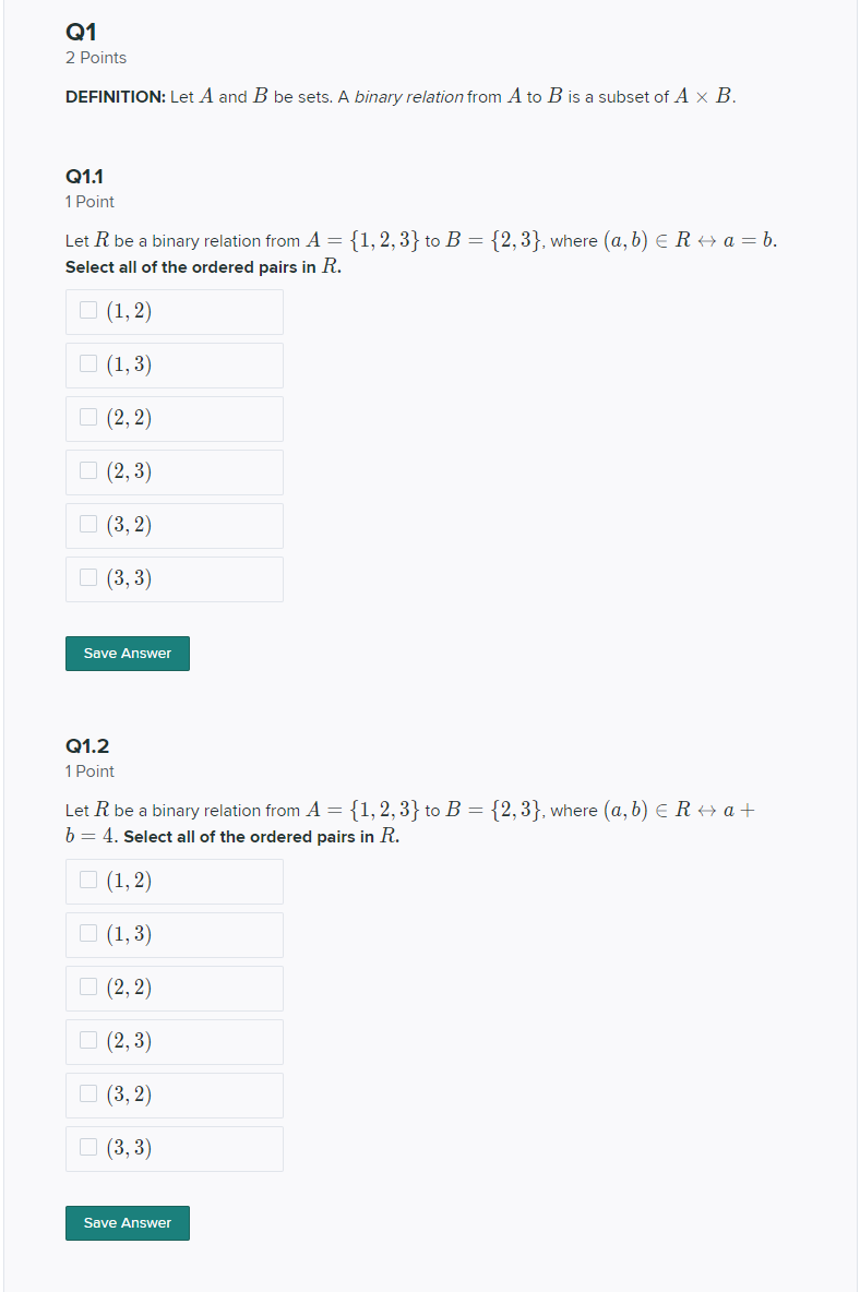 Solved Q1 2 Points DEFINITION: Let A And B Be Sets. A Binary | Chegg.com