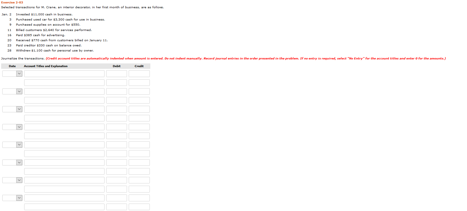 Solved Exercise 2-03 Selected transactions for M. Crane, an | Chegg.com