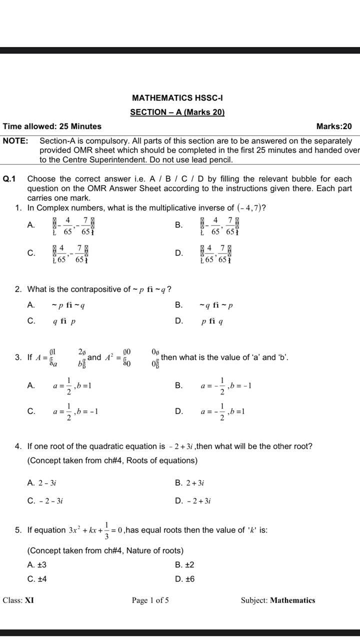 Solved Mathematics Hssc I Section A Marks Time Chegg Com