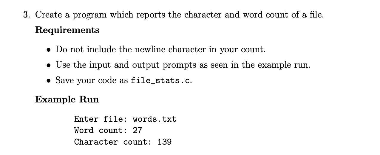 Solved 3. Create a program which reports the character and | Chegg.com