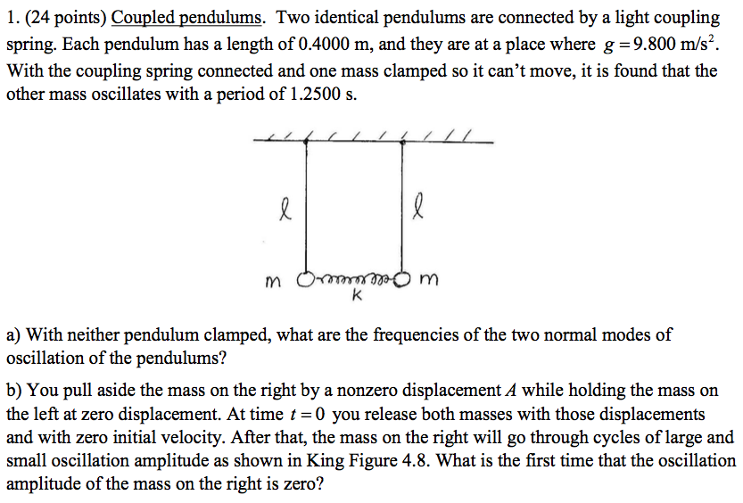 Solved 1. (24 points) Coupled pendulums. Two identical | Chegg.com