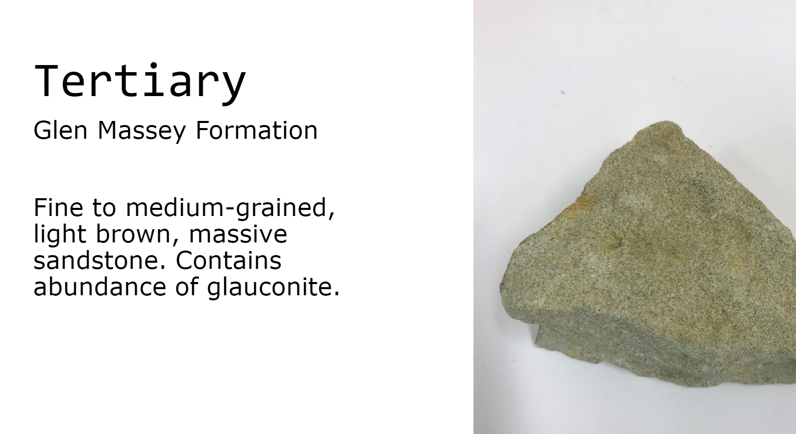 Tertiary
Glen Massey Formation
Fine to medium-grained,
light brown, massive
sandstone. Contains
abundance of glauconite.