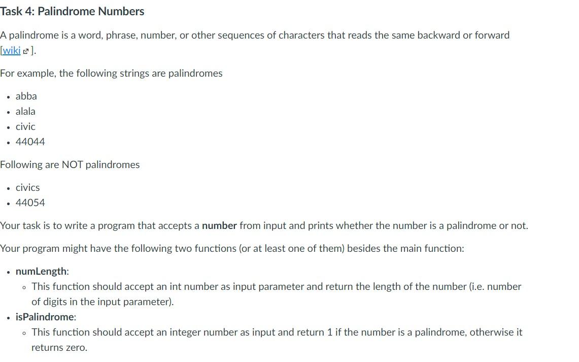 Solved Task 4: Palindrome Numbers A palindrome is a word, | Chegg.com