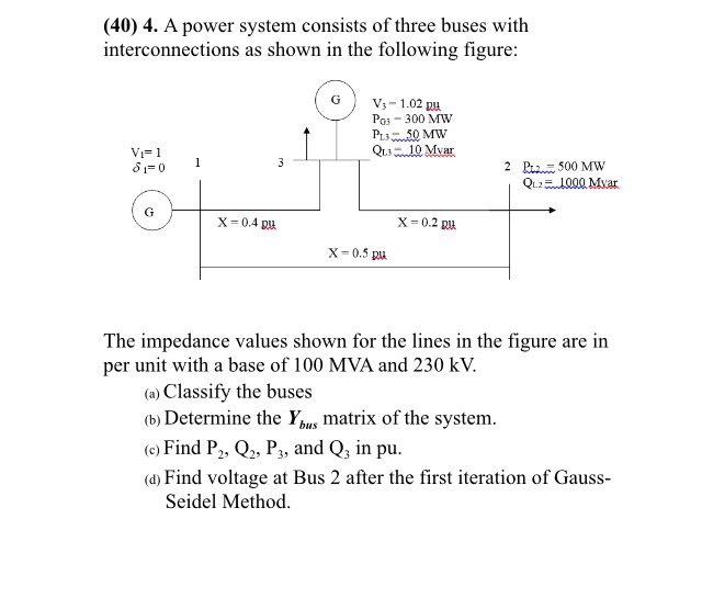 Solved (40) 4. A power system consists of three buses with | Chegg.com