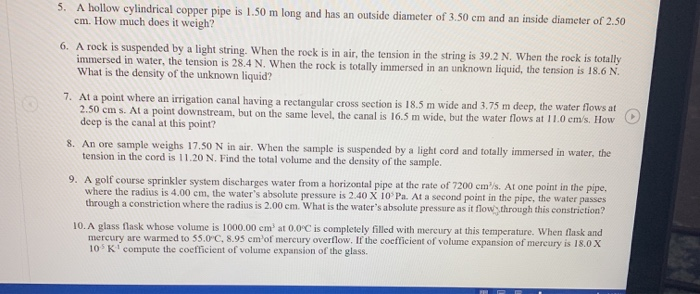 Solved 5. A hollow cylindrical copper pipe is 1.50 m long | Chegg.com