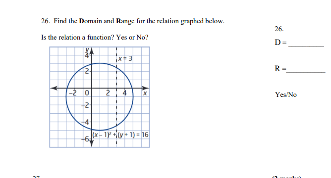 Solved 26. Find the Domain and Range for the relation | Chegg.com