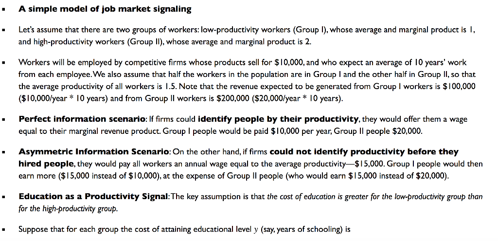 Education as a Productivity Signal:The key assumption | Chegg.com