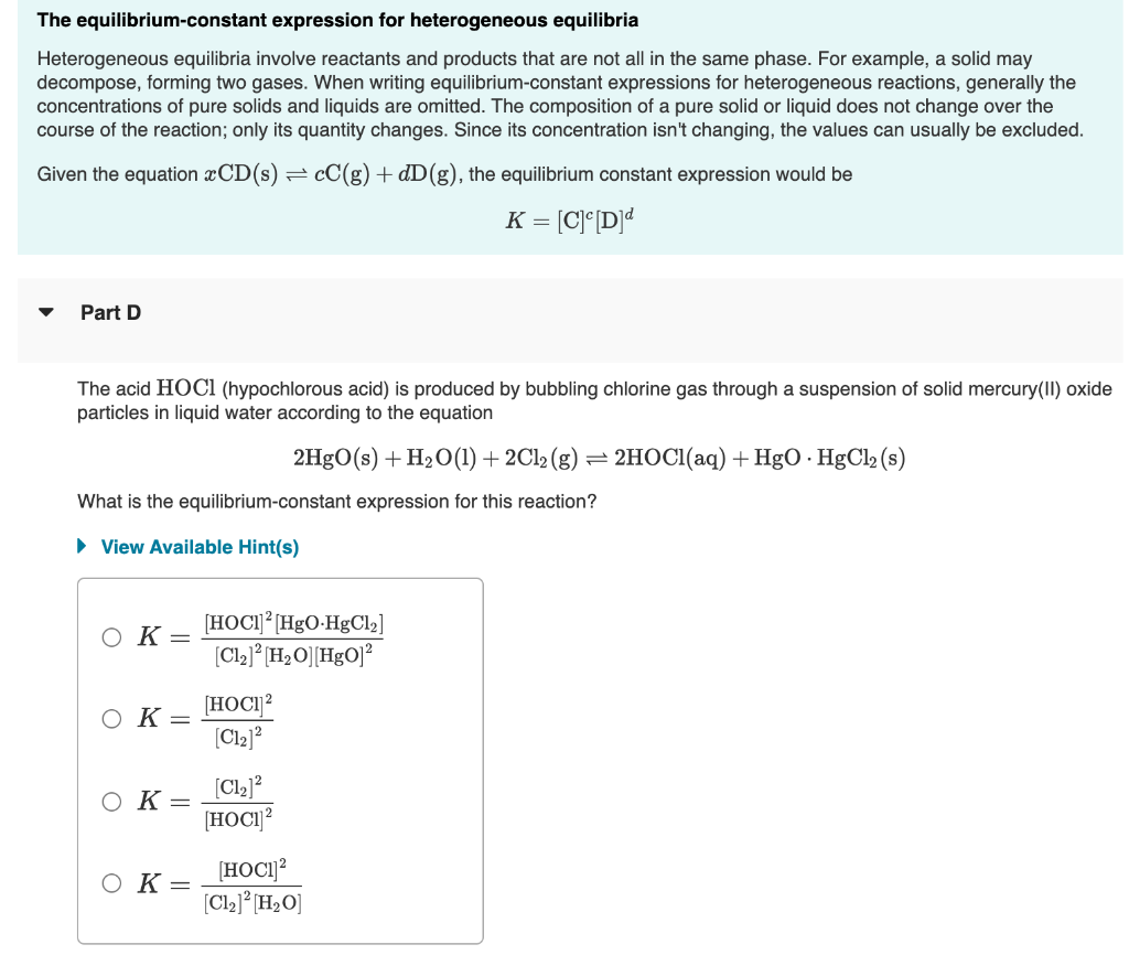 Solved The equilibriumconstant expression Learning Goal To