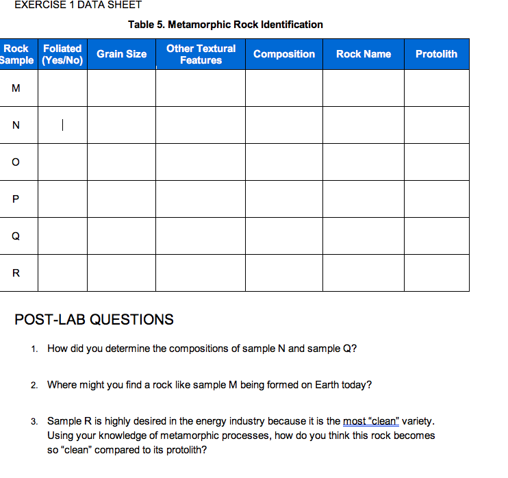 Solved EXERCISE 1 DATA SHEET Table 5. Metamorphic Rock
