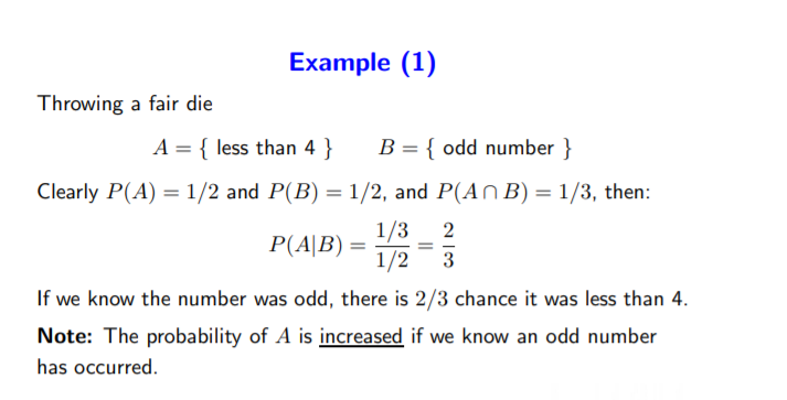 Fair Number Example Example (1) Throwing a fair die A= { less than 4} B={ | Chegg.com