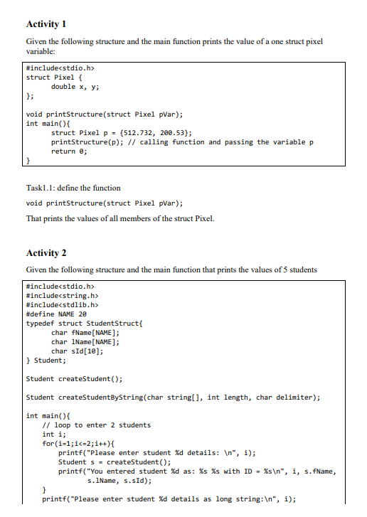 Activity 1 Given The Following Structure And The Main | Chegg.com