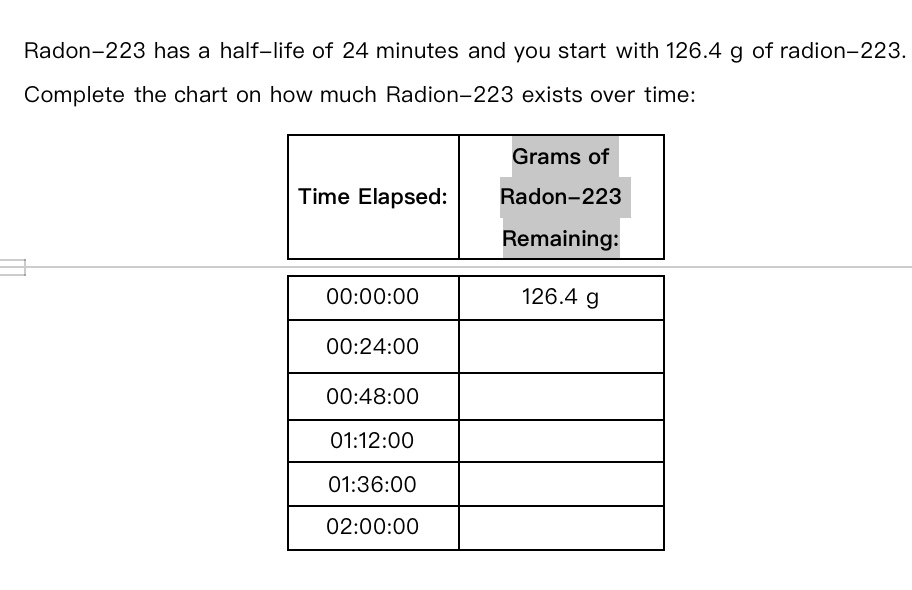 Solved Radon 223 Has A Half Life Of 24 Minutes And You Start Chegg Com   PhparXD9w