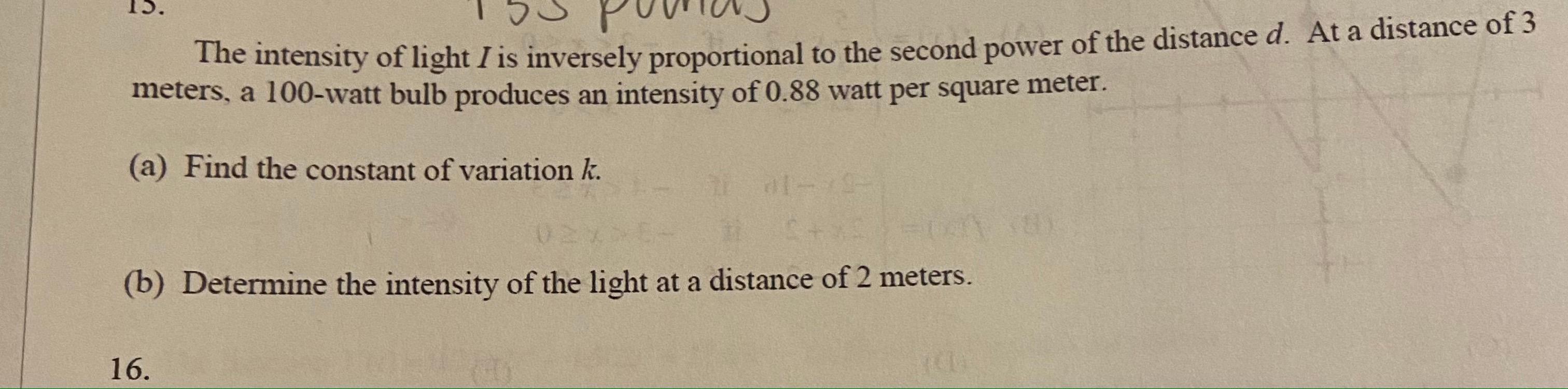 Solved The intensity of light I is inversely proportional to | Chegg.com