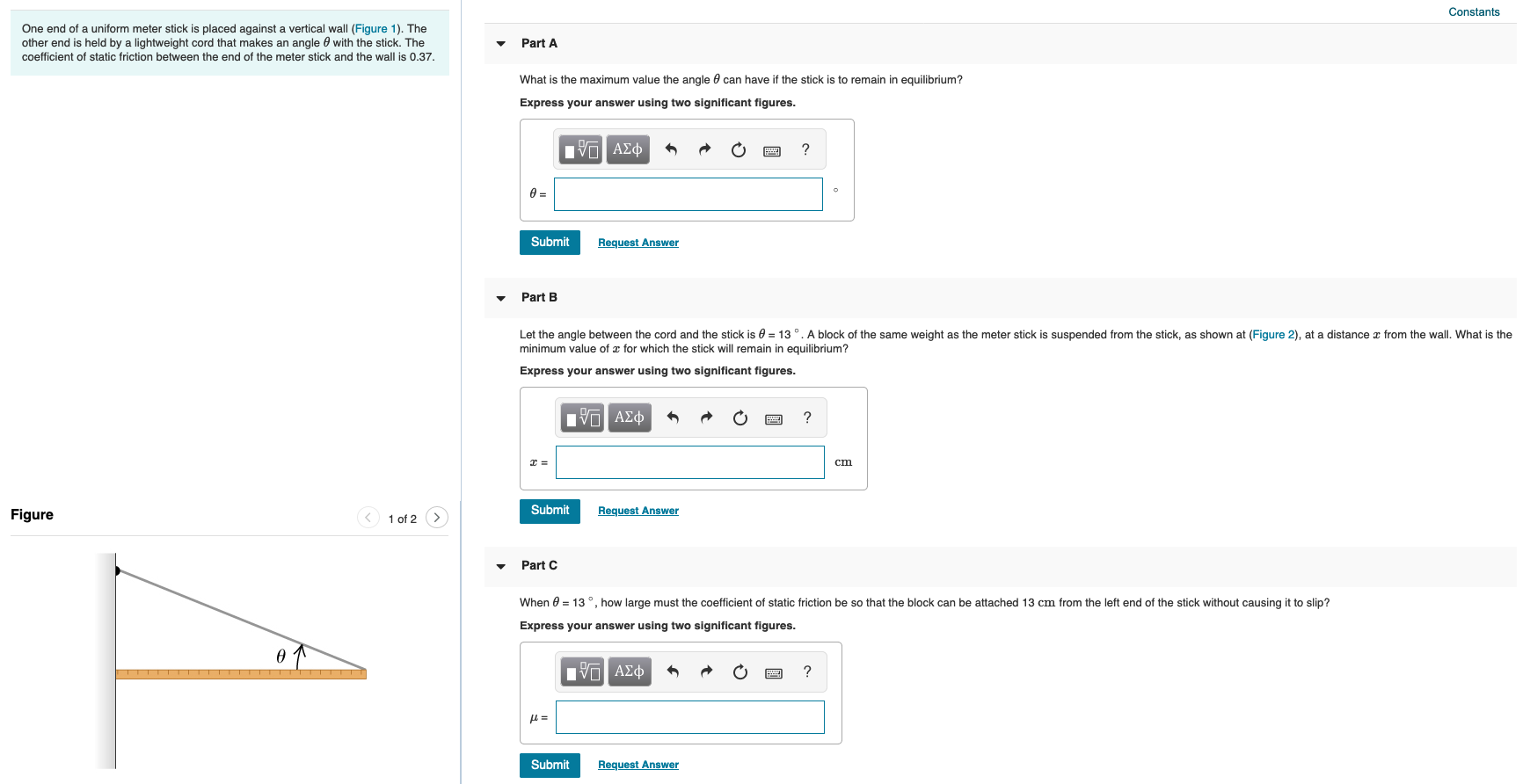 Solved Constants One end of a uniform meter stick is placed | Chegg.com