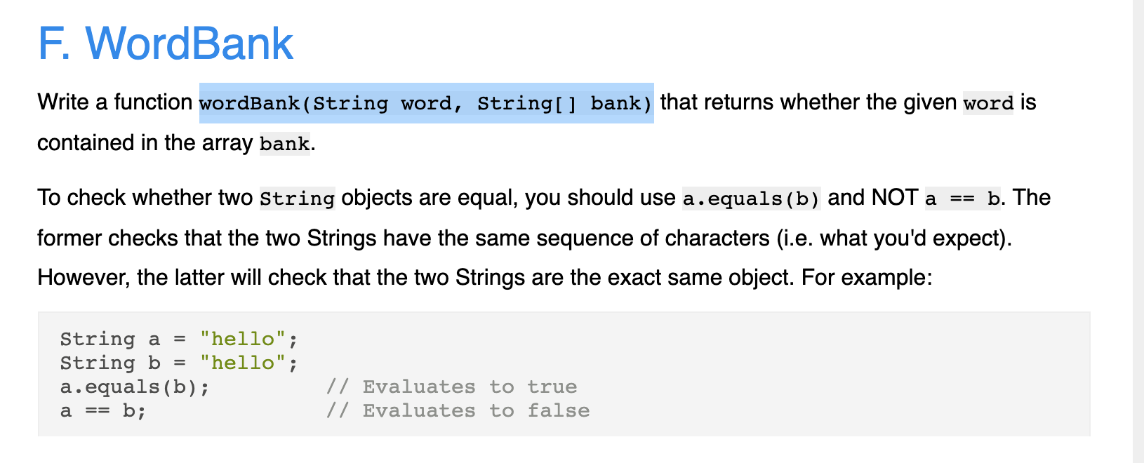 Solved F. WordBank Write a function wordBank (String word, | Chegg.com
