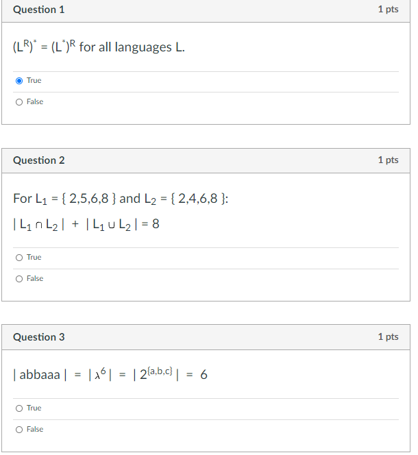 Solved Question 1 1 pts (LR)* = (L*)R for all languages L. | Chegg.com