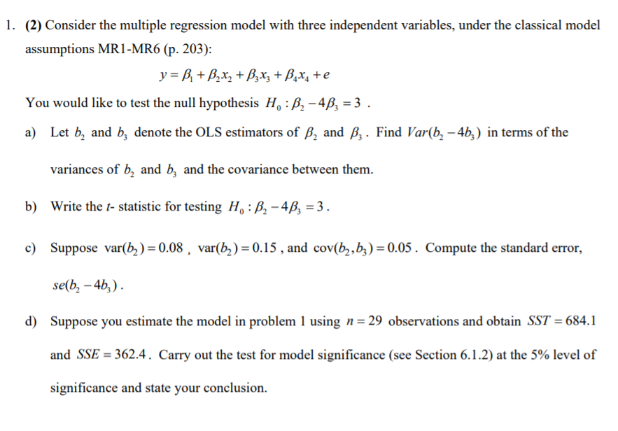 1. (2) Consider The Multiple Regression Model With | Chegg.com