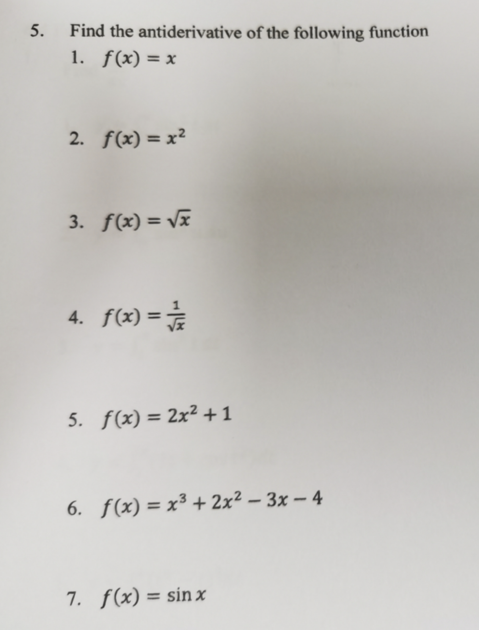 Solved 5. Find the antiderivative of the following function | Chegg.com