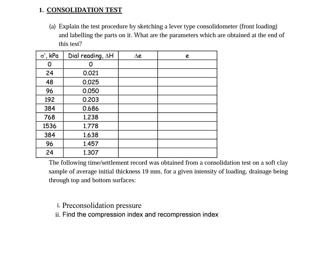 Solved 1. CONSOLIDATION TEST (a) Explain the test procedure | Chegg.com