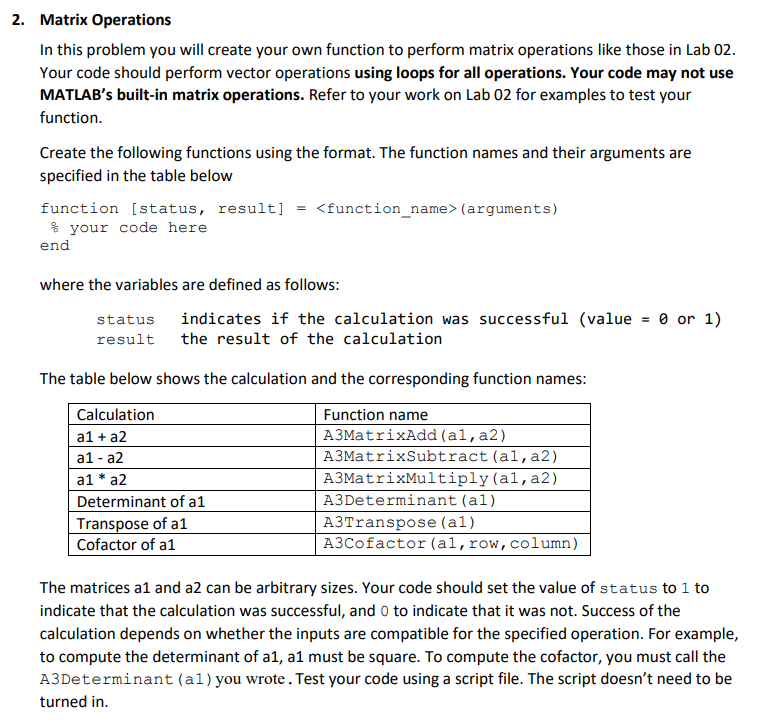 2. Matrix Operations In this problem you will create | Chegg.com