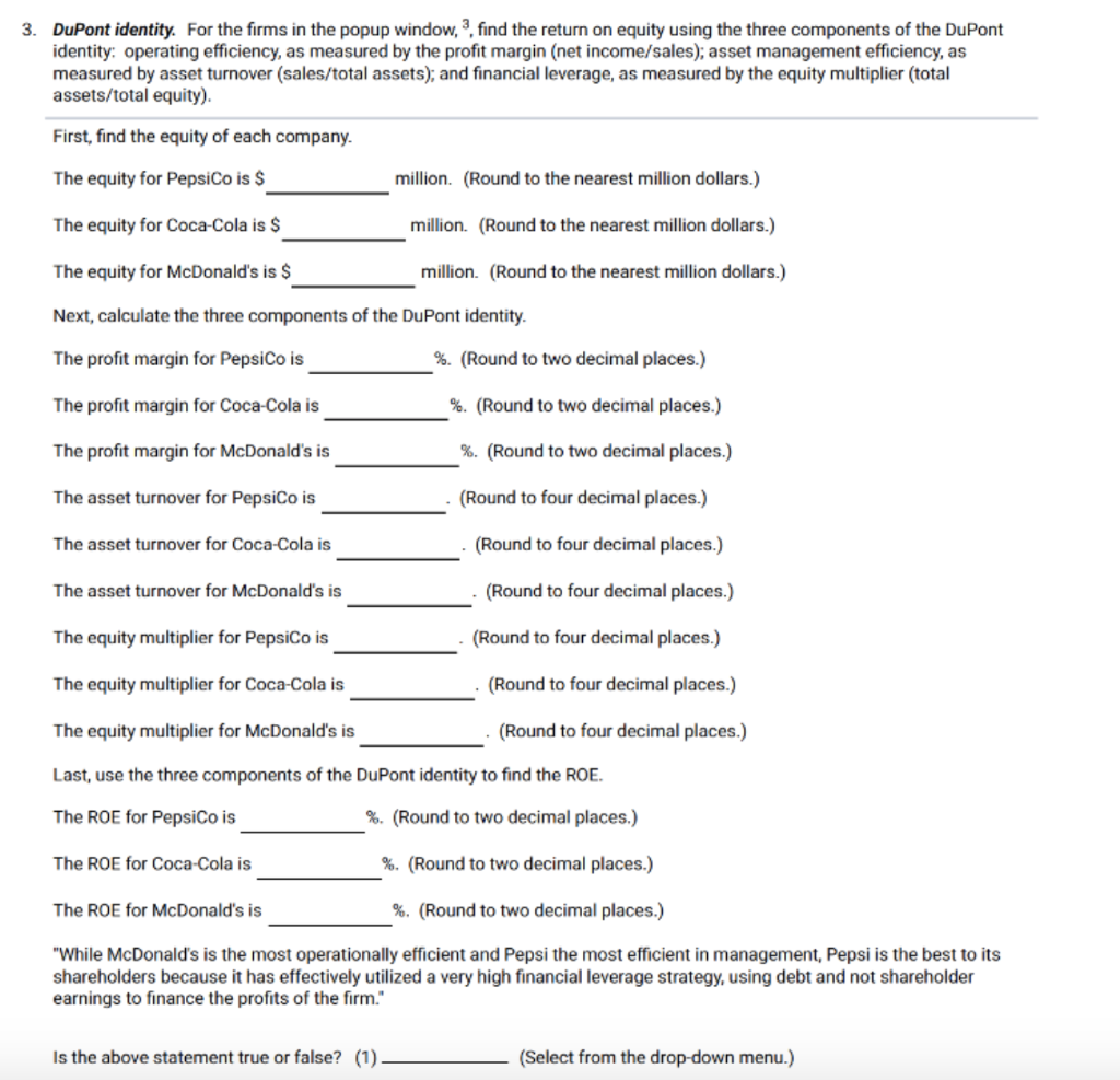 Solved 3. DuPont identity. For the firms in the popup | Chegg.com