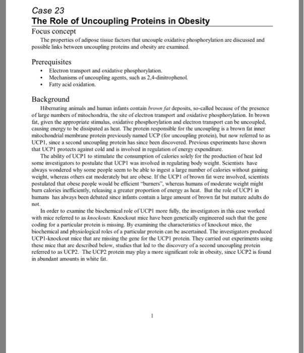 Case 23 The Role of Uncoupling Proteins in Obesit | Chegg.com