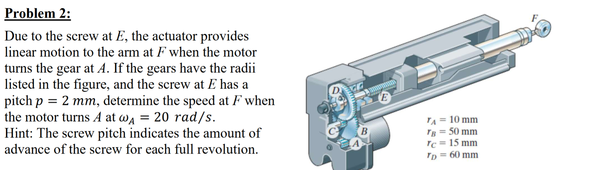 Problem 2:
Due to the screw at \( E \), the actuator provides linear motion to the arm at \( F \) when the motor turns the ge