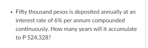 Solved - Fifty thousand pesos is deposited annually at an | Chegg.com