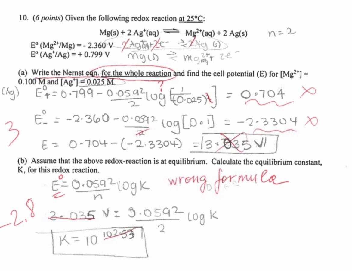 Solved 10. ( 6 points) Given the following redox reaction at | Chegg.com