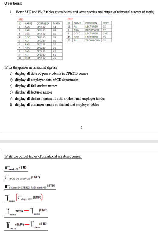 Solved Questions 1 Refer Std And Emp Tables Given Below 6224