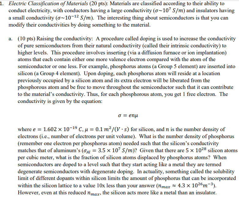 1. Electric Classification Of Materials (20 Pts): | Chegg.com